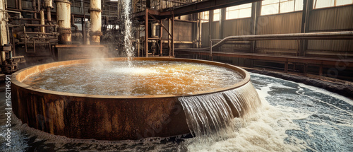 Round tank with flowing water in a rustic industrial metalworking plant showcasing gritty elegance photo