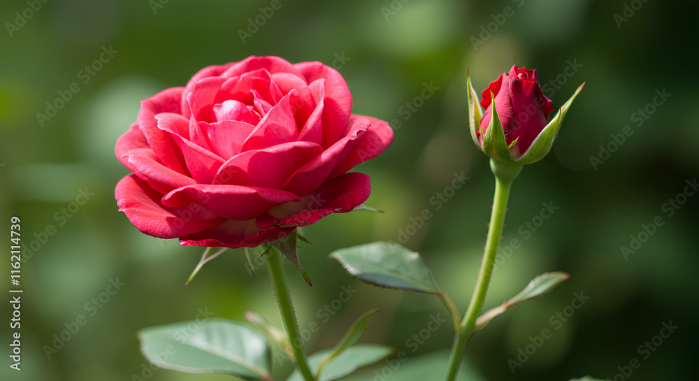 A blooming red rose alongside a rosebud, surrounded by green leaves against a blurred background. A blooming red rose alongside a rosebud, surrounded by green leaves against a blurred background.