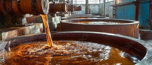 Industrial process of molten iron refining as wastewater flows into large pools