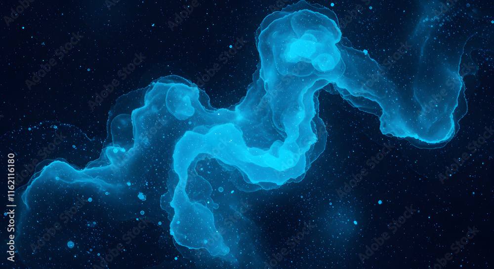blue smoke like particles resembling a celestial nebula, suspended in a dark fluid medium blue smoke like particles resembling a celestial nebula, suspended in a dark fluid medium