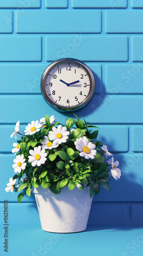 Decorative Plant with Flowers and Wall Clock on Bright Blue Brick Background in Modern Room Setting
