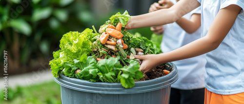 Sustainable Living Organic composting concept, Children adding vegetable scraps to a compost bin, promoting eco-friendly practices and sustainability in gardening.
