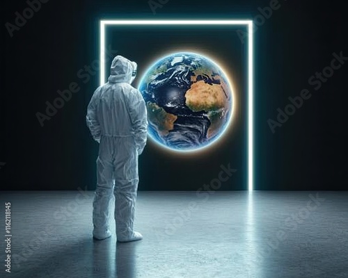 Highlighting Global Efforts to Combat Ozone Depletion, a realistic photo of a scientist in a protective suit standing in a glowing neon laboratory with Earth holographically projected in midair photo