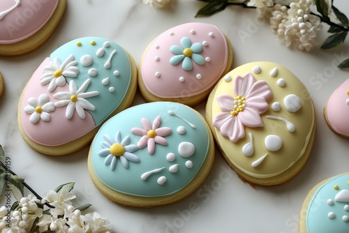 Decorated easter cookies in pastel colors featuring floral designs on a marble background photo