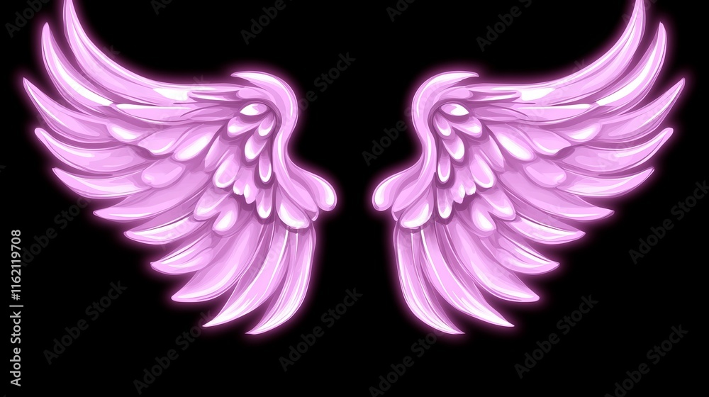 Fototapeta premium Glowing Pink Angel Wings on Black Background