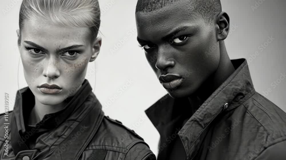 Diverse models showcase fashion in striking black and white portrait during urban photoshoot