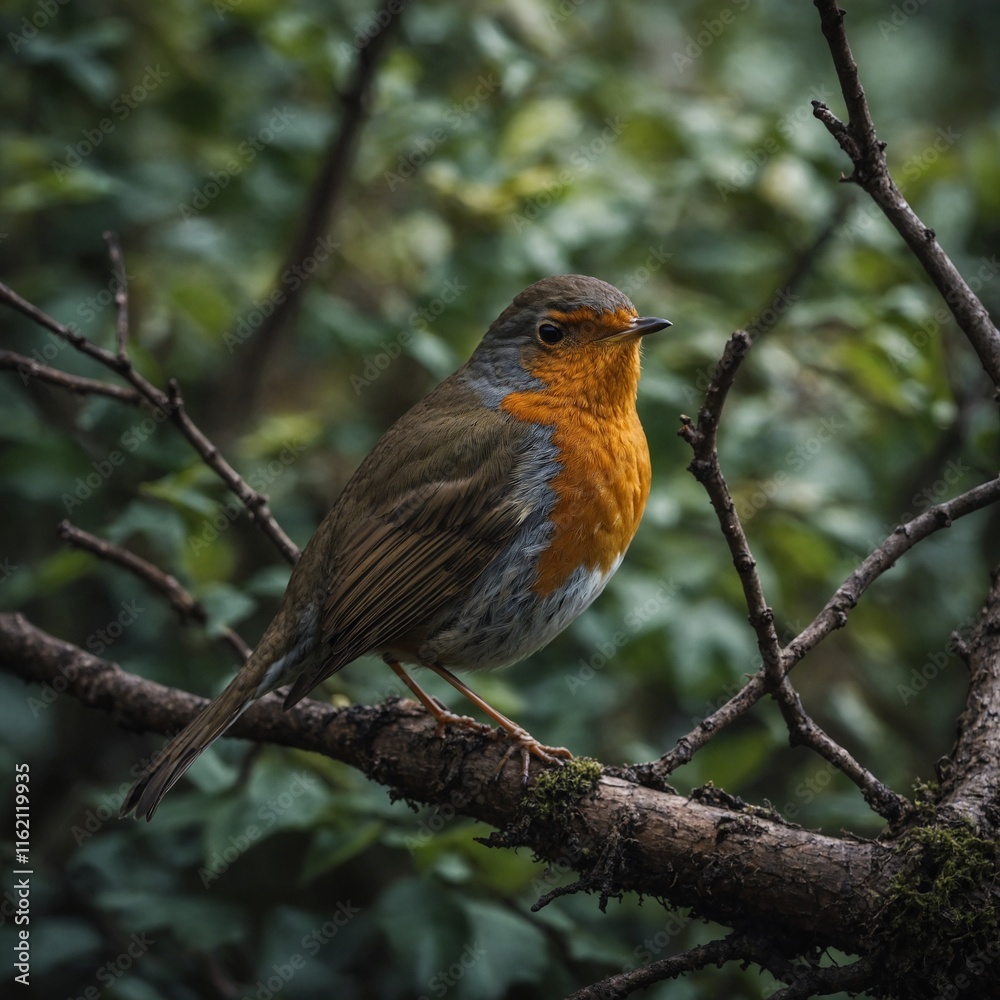 Fototapeta premium Photograph a robin perched on a branch.