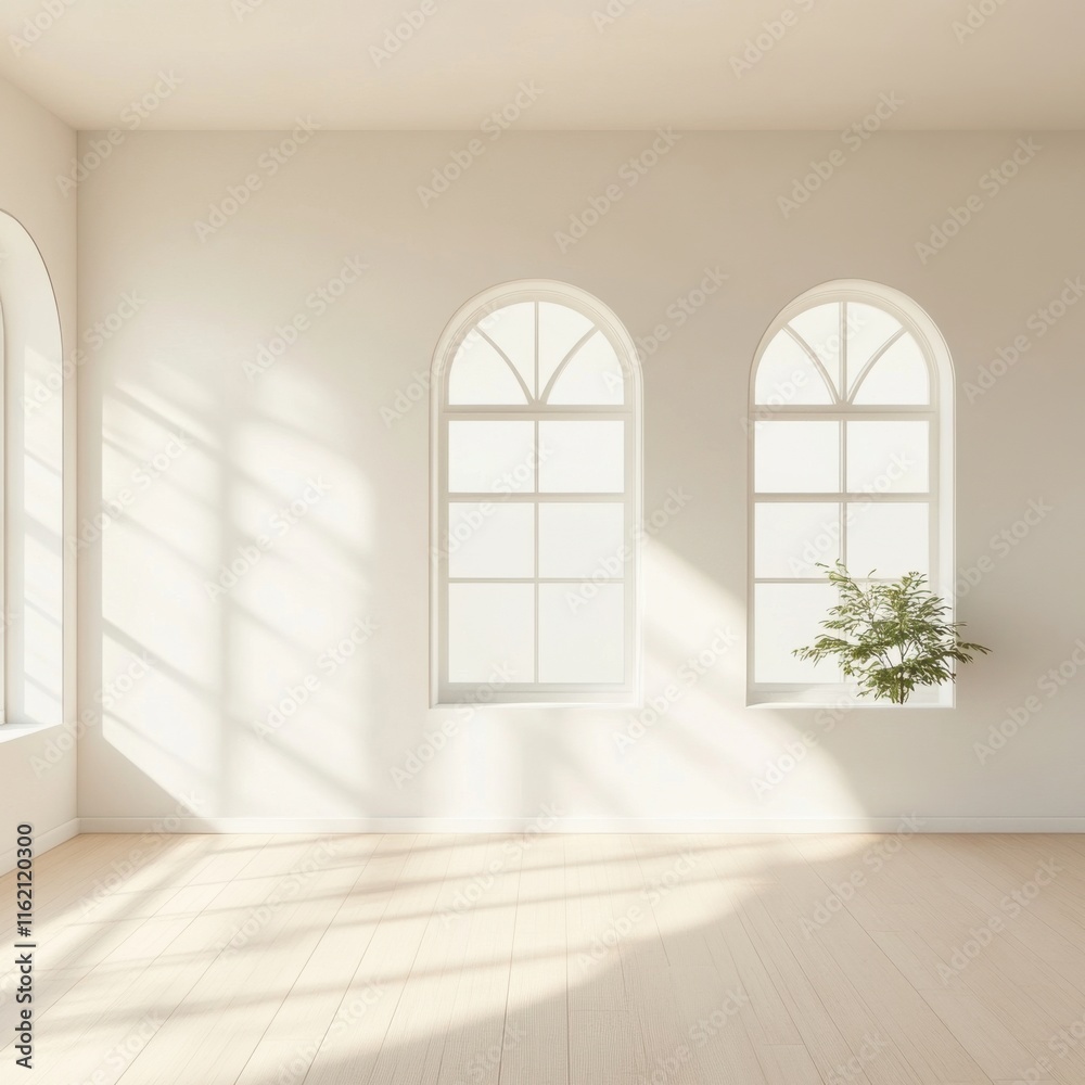 Fototapeta premium Bright and airy room with three arched windows illuminating a minimalist space.