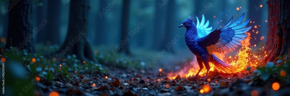 Obraz premium Blue phoenix emerges from fiery embers, dark forest backdrop, smoke, mystical
