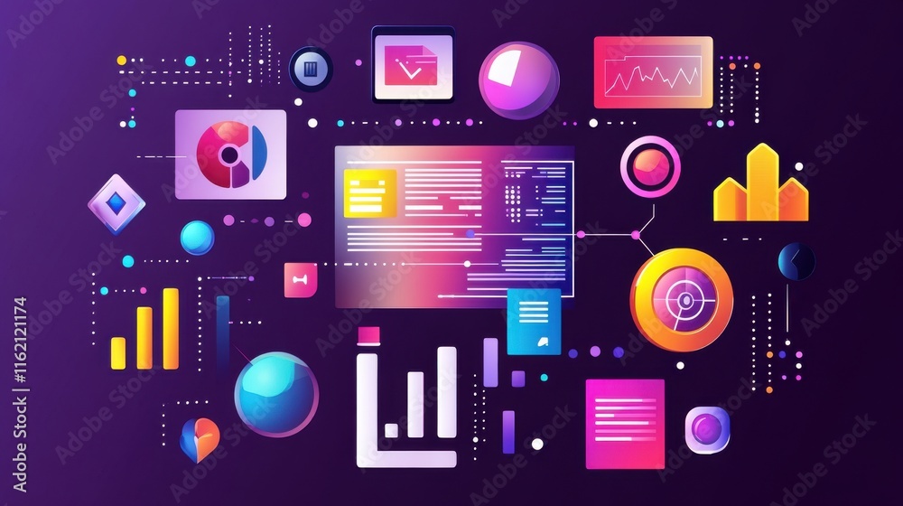 Colorful digital illustrations depicting data analysis and technology concepts.