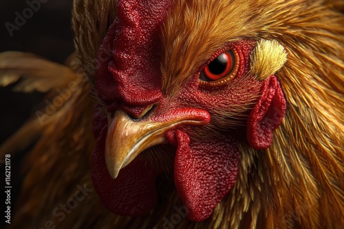 the rooster has golden feathers and a red face photo