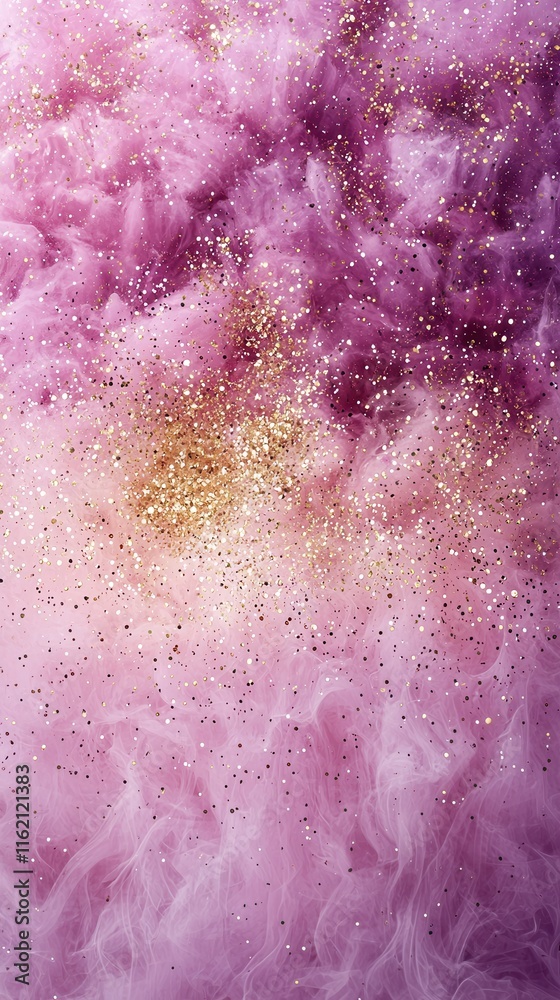 Fototapeta premium An artistic blend of shimmering particles floating above a rippling water texture, illuminated by warm golden light and surrounded by a soft gradient of peach and lavender.