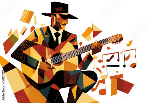 Cubist-Inspired Jazz Guitarist with Colorful Shapes photo