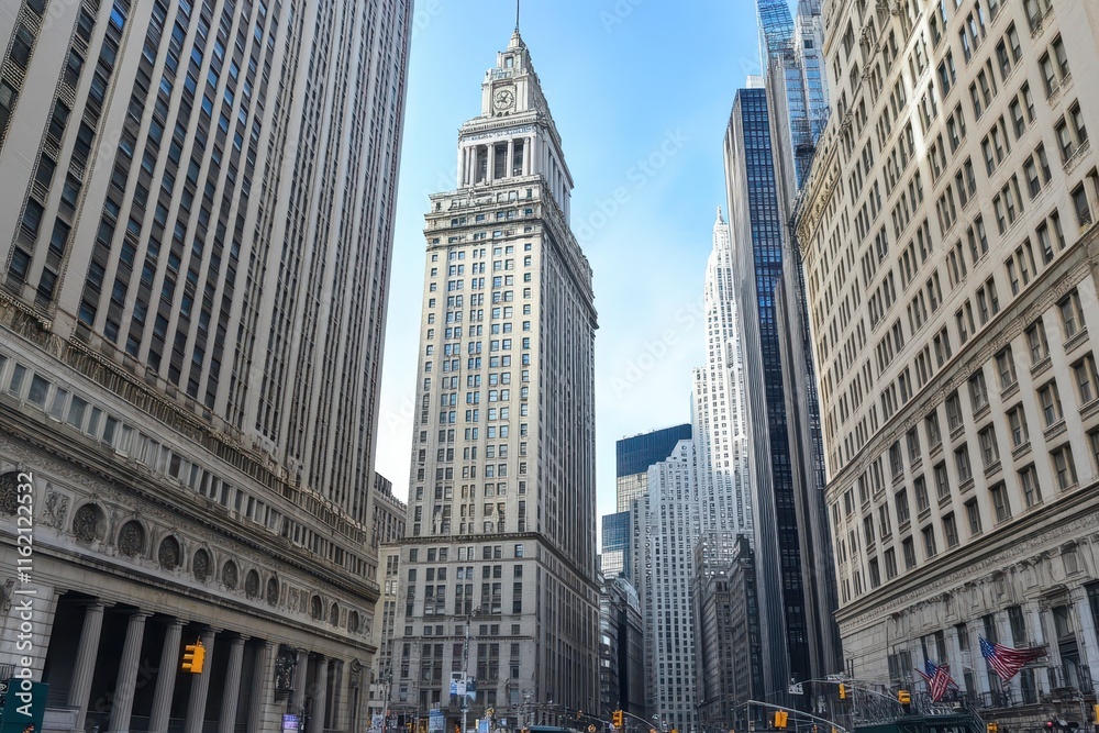 Low angle view of tall buildings in a city street. Low angle view of tall buildings in a city street.