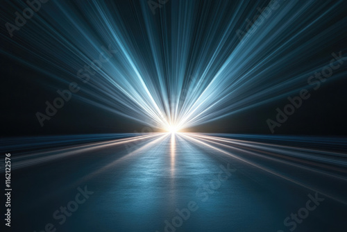 Abstract light rays converging on a dark road, creating a futuristic, dynamic scene.