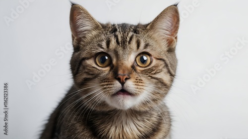 Close-Up of Curious Tabby Cat Looking Forward Against White Background