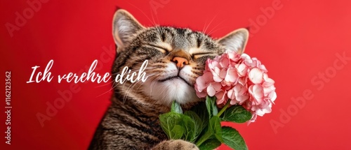 Liebende Katze mit Blumenstrauß auf rotem Hintergrund  romantisches Haustierfoto photo