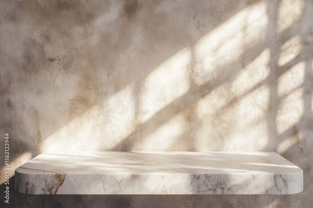 Empty marble shelf against textured wall with sunlight. Empty marble shelf against textured wall with sunlight.