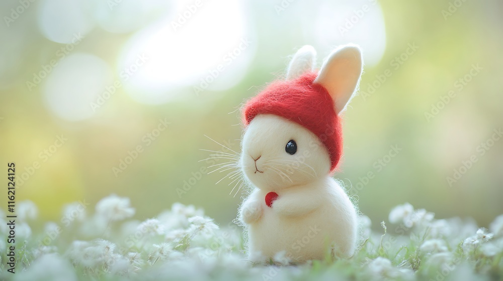 Adorable wool felt rabbit wearing red hat in blooming meadow Adorable wool felt rabbit wearing red hat in blooming meadow