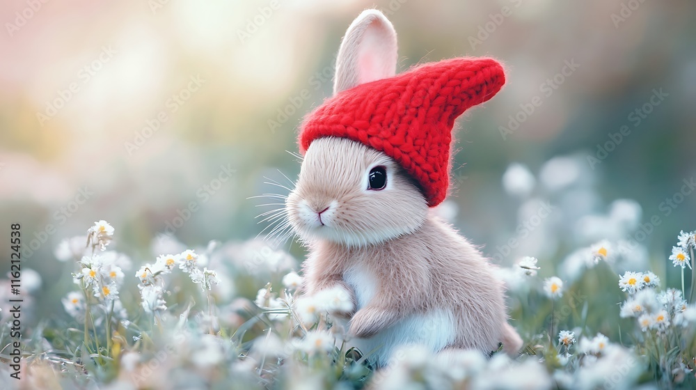 Obraz premium Adorable baby bunny wearing red knitted hat in a flower field