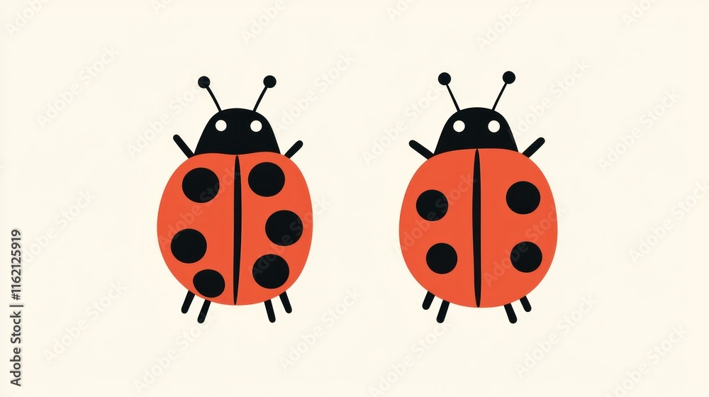 Two simple cartoon ladybugs, one with seven spots, the other with six, on a white background. Two simple cartoon ladybugs, one with seven spots, the other with six, on a white background.