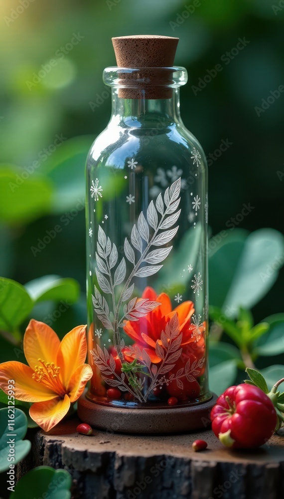 Glass vial with intricate etching, surrounded by lush greenery and exotic flowers , perfume, fragrance Glass vial with intricate etching, surrounded by lush greenery and exotic flowers , perfume, fragrance