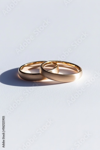 pair of gold wedding bands intertwined and placed on pristine white background with elegant shadows