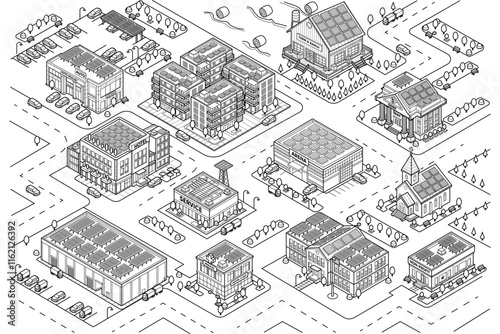 Isometric black-and-white cityscape featuring various solar-powered buildings, including residential apartments, offices, hotels, farms, and public spaces. Clean and eco-friendly urban environment.