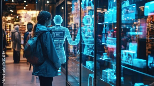 Woman looking at holographic display in modern store.