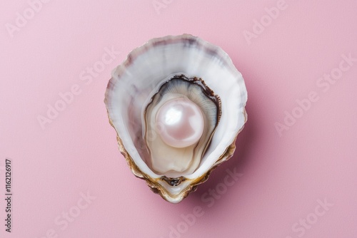 Valentine affection concept. Open oyster shell with a lustrous pearl on a pink background.