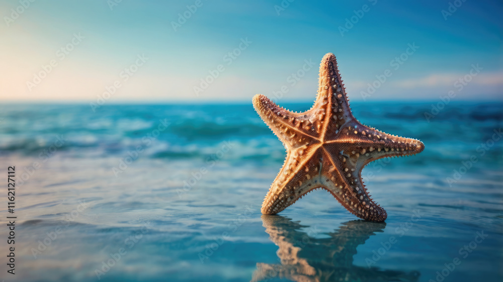 A starfish on a sandy beach with ocean waves gently splashing at its base.Marine illustration on the theme of the underwater world and the Ocean Day holiday A starfish on a sandy beach with ocean waves gently splashing at its base.Marine illustration on the theme of the underwater world and the Ocean Day holiday