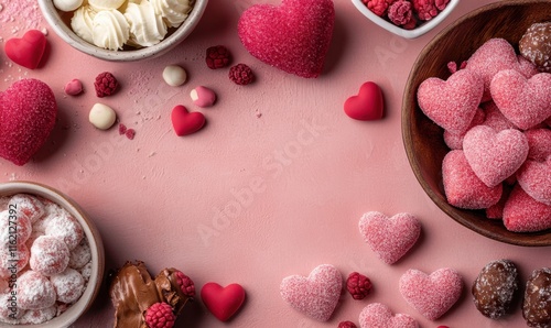 Valentine's Day background with pink and red hearts, chocolate bon-bons in small bowls, and candies on the table