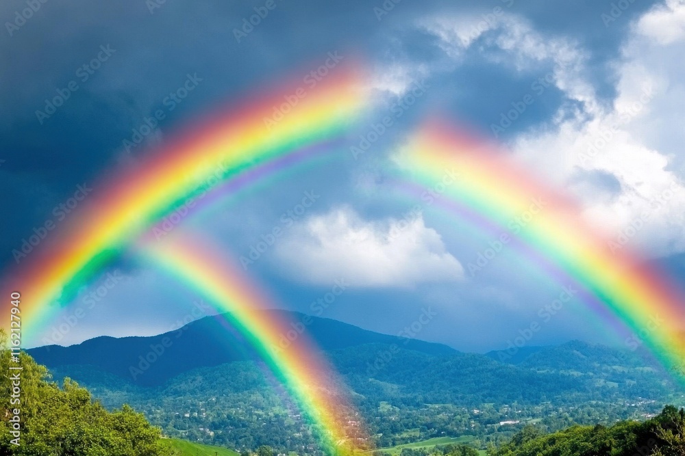 Two vibrant rainbows stretch across a cloudy sky above lush green hills, marking the end of a rain shower in the late afternoon. The colors shine brightly against the dark clouds. Two vibrant rainbows stretch across a cloudy sky above lush green hills, marking the end of a rain shower in the late afternoon. The colors shine brightly against the dark clouds.