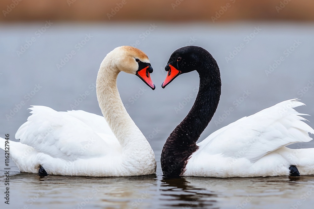 Fototapeta premium Valentine affection concept. Two swans, one black and one white, forming a heart shape in water.