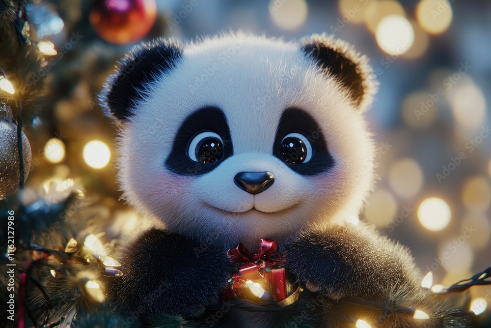 Fototapeta premium Celebrate Christmas with cute fluffy panda party.