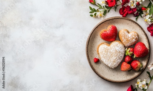 Valentine's day background, plate with heart-shaped cookies and strawberries on it, surrounded by flowers.