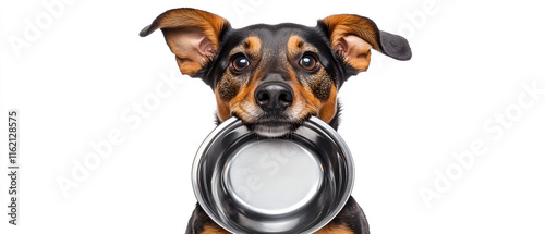cute jack russell terrier with big ears popping up holding an empty silver metal bowl in his mouth isolated over white background; copy space
