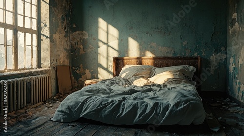 Sunlit Decay: A Forgotten Bedroom in an Abandoned Building photo