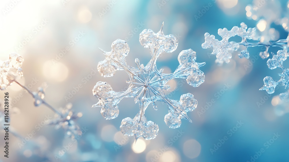 Fototapeta premium Macro snowflake sparkling on a frosty winter morning