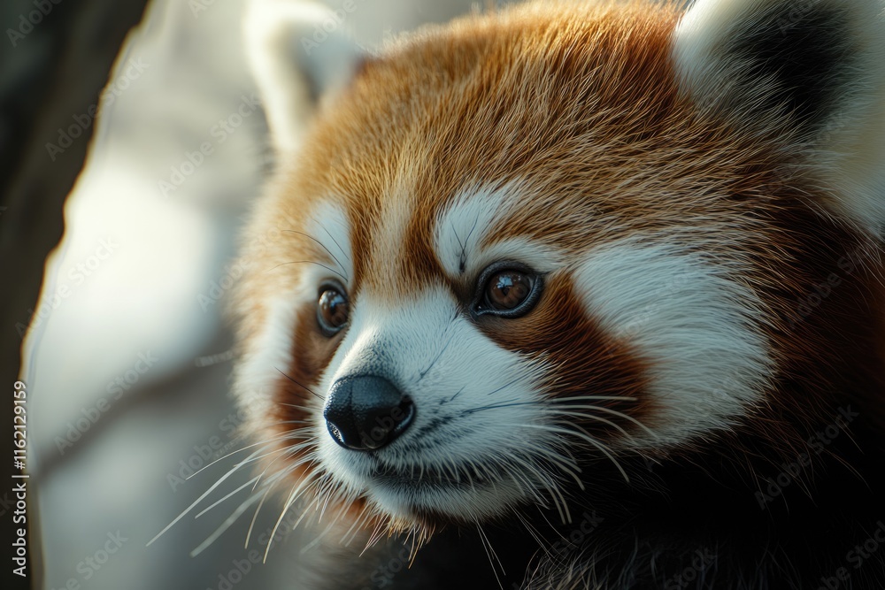 Fototapeta premium Close up headshot of cute lesser panda red panda looking away with copy space.