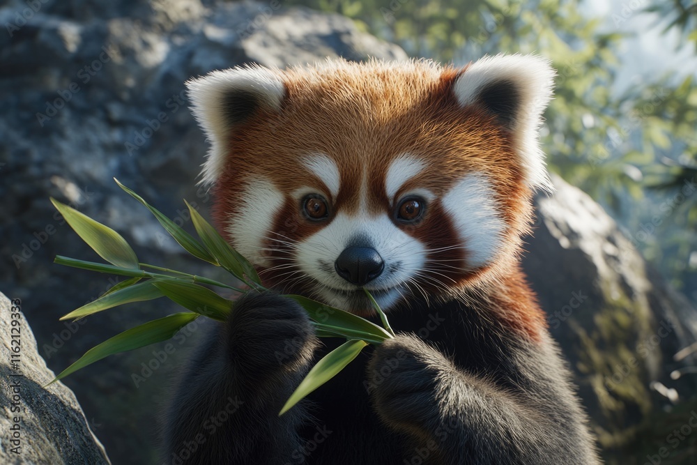 Close up of a red panda holding bamboo with a large boulder in the background. Close up of a red panda holding bamboo with a large boulder in the background.