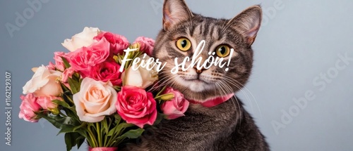 Feierliche Katze mit Rosenstrauß: Wunderschönes Stockfoto für Glückwünsche photo