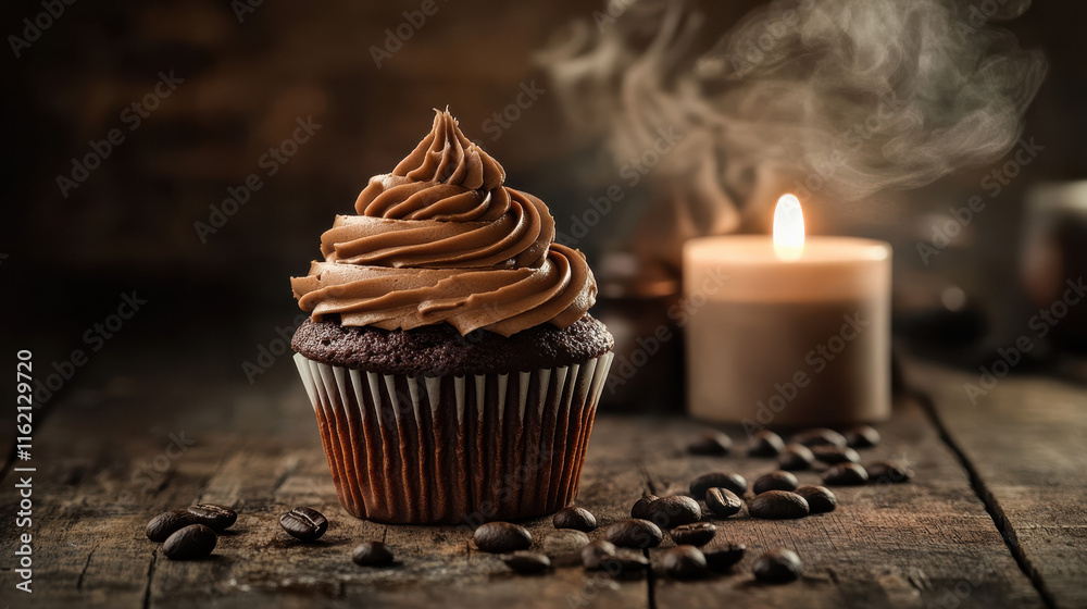 A rustic chocolate cupcake with earthy brown frosting, a flickering candle burning gently, placed on a wooden table with scattered coffee beans and faint steam rising