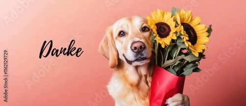 Dankbarer Hund mit Sonnenblumenstrauß  Herzliches Dankeschön Bild photo