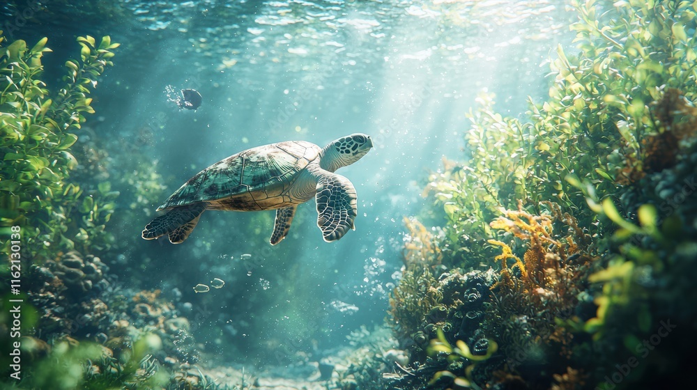 Obraz premium Sea Turtle Gracefully Swimming in Vibrant Coral Reef