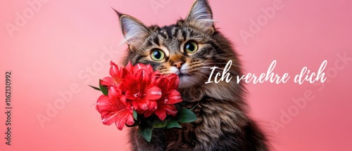 Liebes Katze mit roten Blumen, romantische Haustierfotografie photo