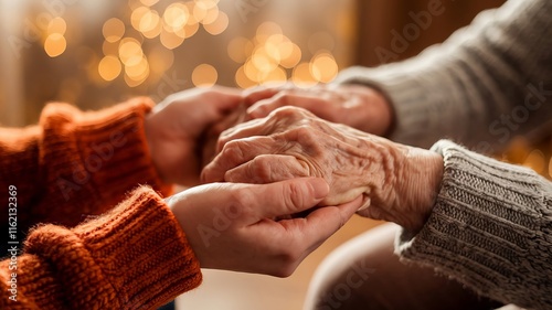 Elderly hands held by younger hands, concept of caring for the elderly, aging society photo