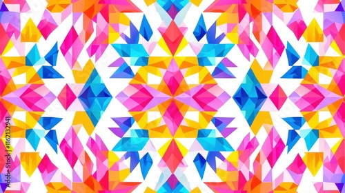 Vibrant geometric pattern with colorful triangles and diamond shapes creating a kaleidoscopic effect. photo