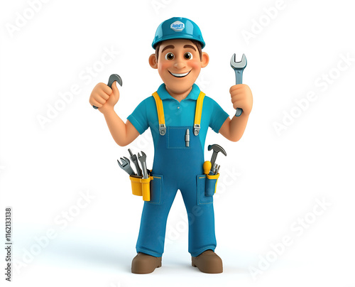 Smiling 3D mechanic character with tools and thumbs up gesture, vibrant cartoon style on white.  