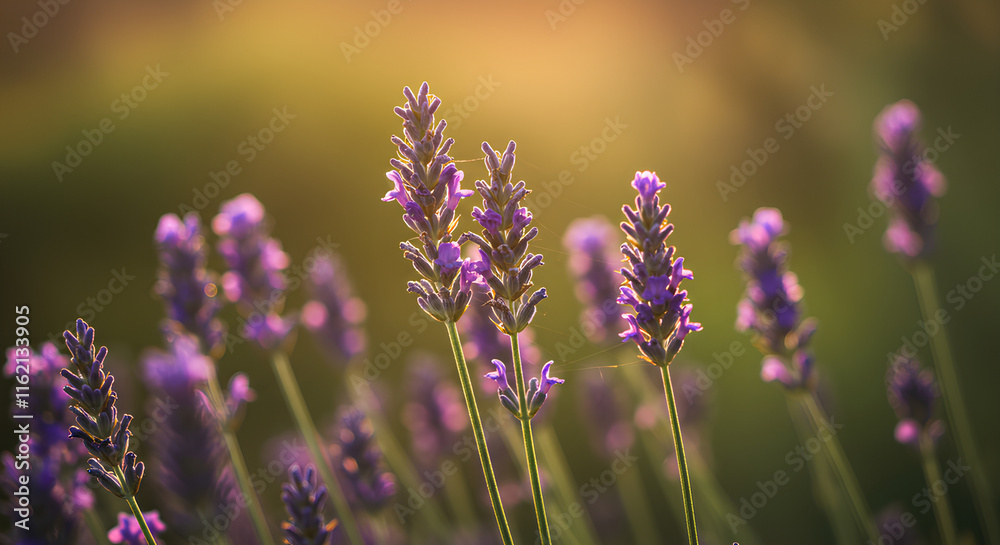 Lavender flowers in bloom, illuminated by warm sunset light, with a blurred golden background. Lavender flowers in bloom, illuminated by warm sunset light, with a blurred golden background.